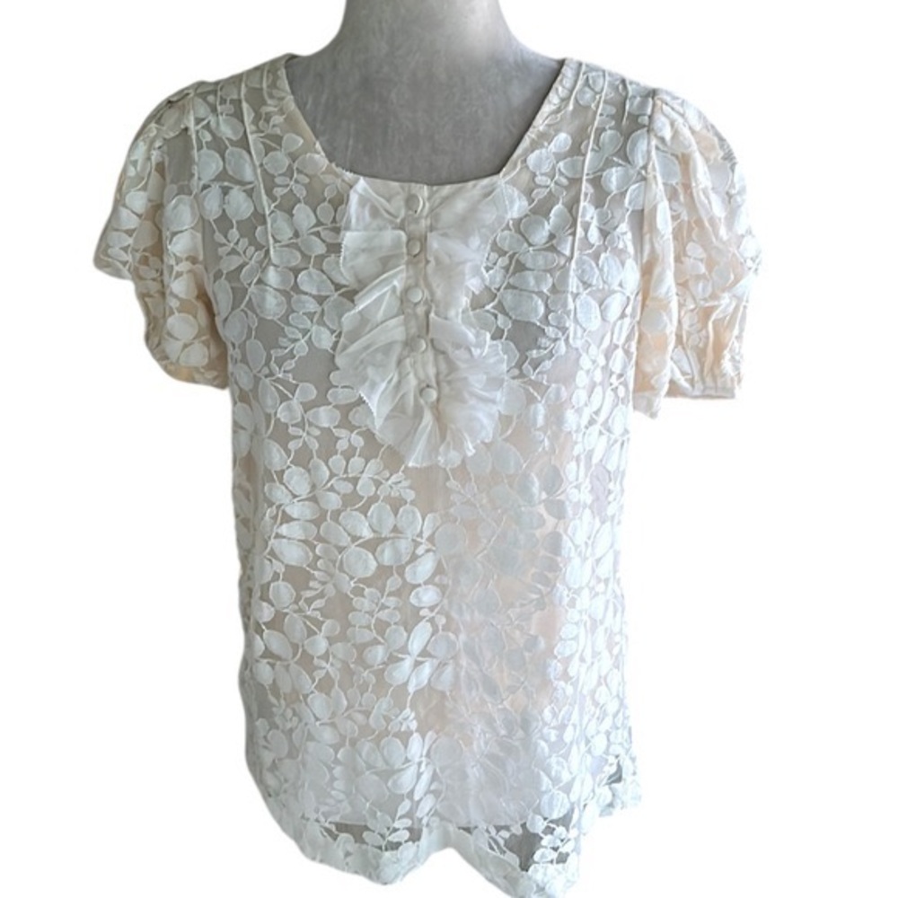 Rebecca Taylor White Embroidered Lace Ruffle Puff Sleeve Silk Lined Blouse - 6